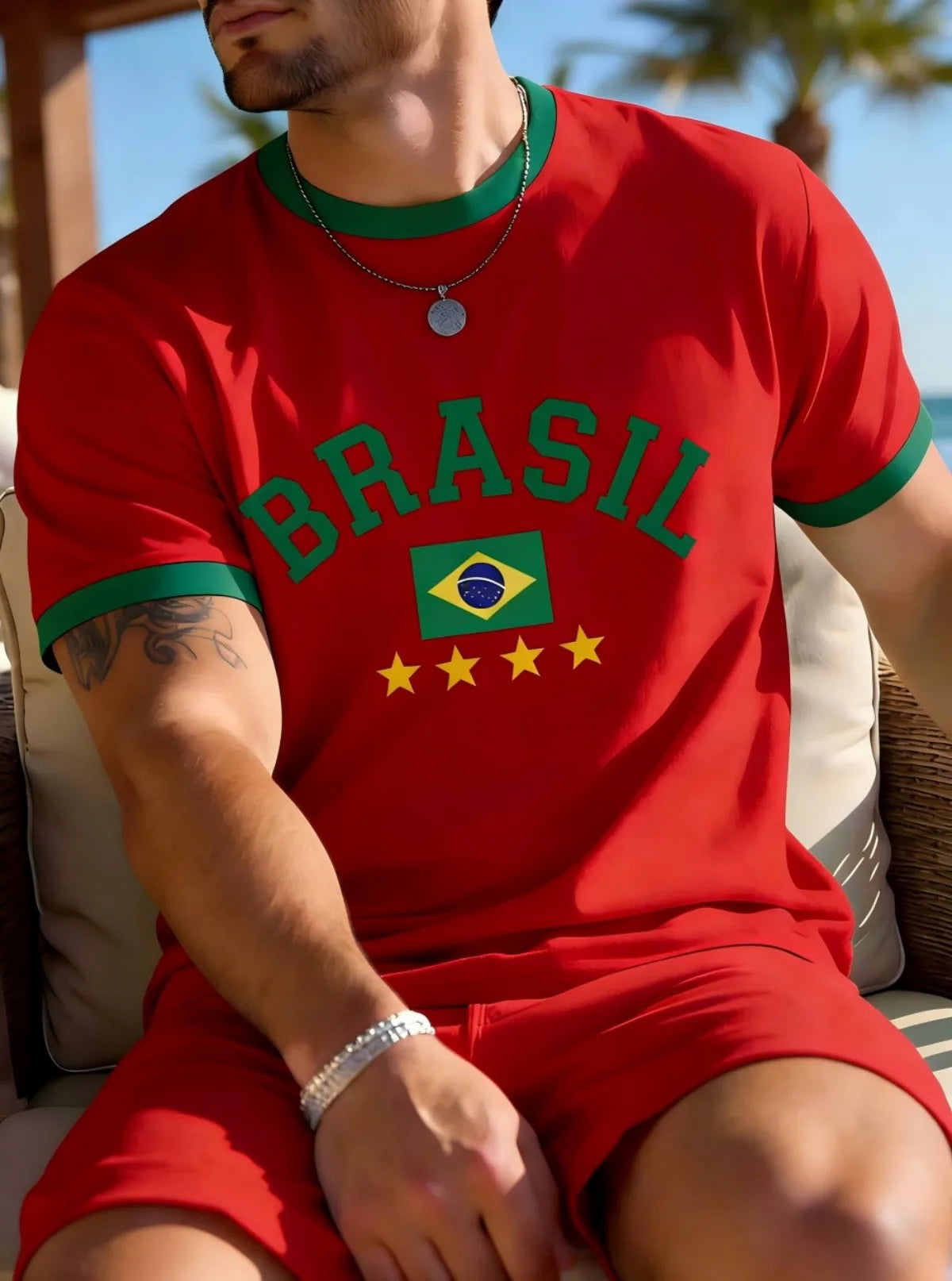 European and American men's summer Brazilian striped letter print soft and breathable round neck T-shirt outdoor casual top