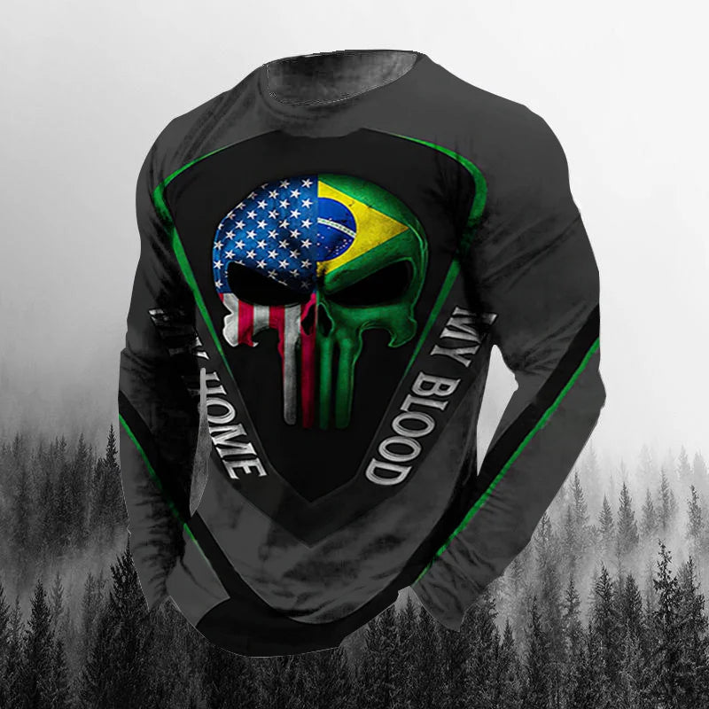 Vintage Brazilian Flag 3D Print Autumn Men's O-Neck T-shirt Casual Long Sleeve Oversized