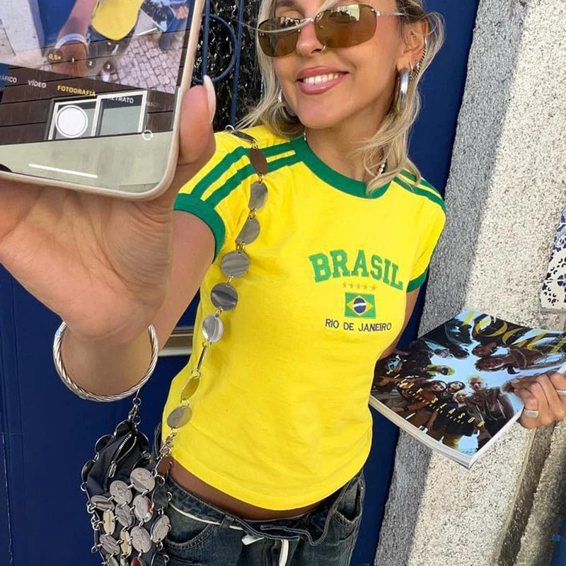 Summer T-shirt For Women Brazil Letter Aesthetic 90's Crop Tops Casual Short Sleeve Tee Kpop Streetwear Vintage Y2k Clothes
