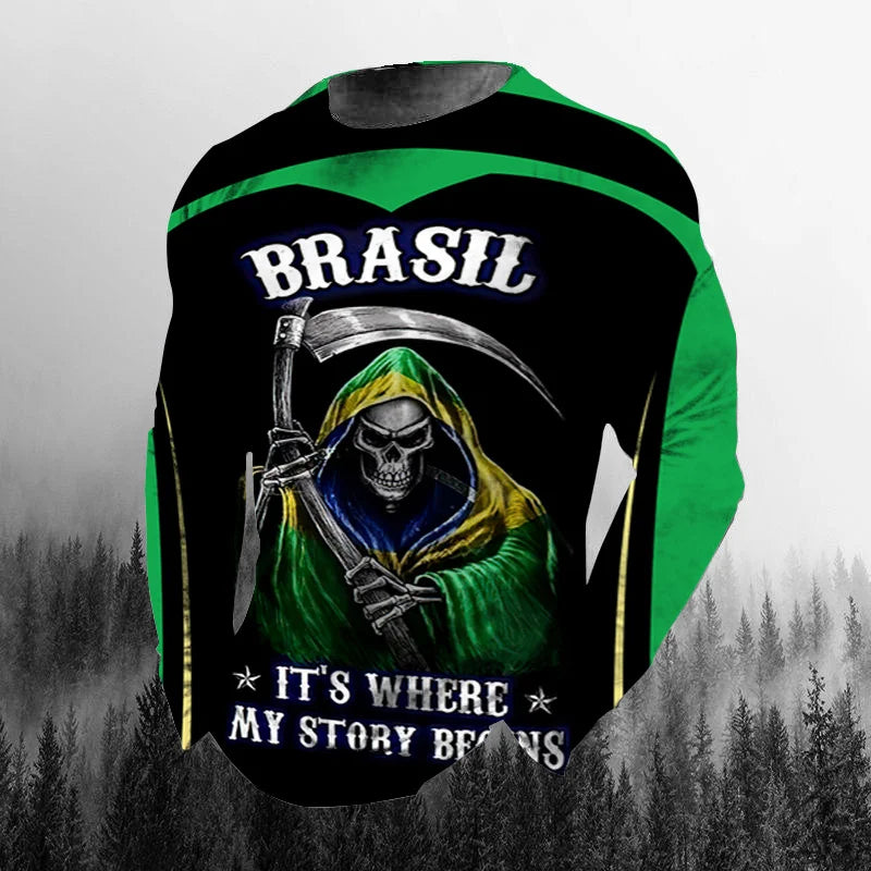 Vintage Brazilian Flag 3D Print Autumn Men's O-Neck T-shirt Casual Long Sleeve Oversized