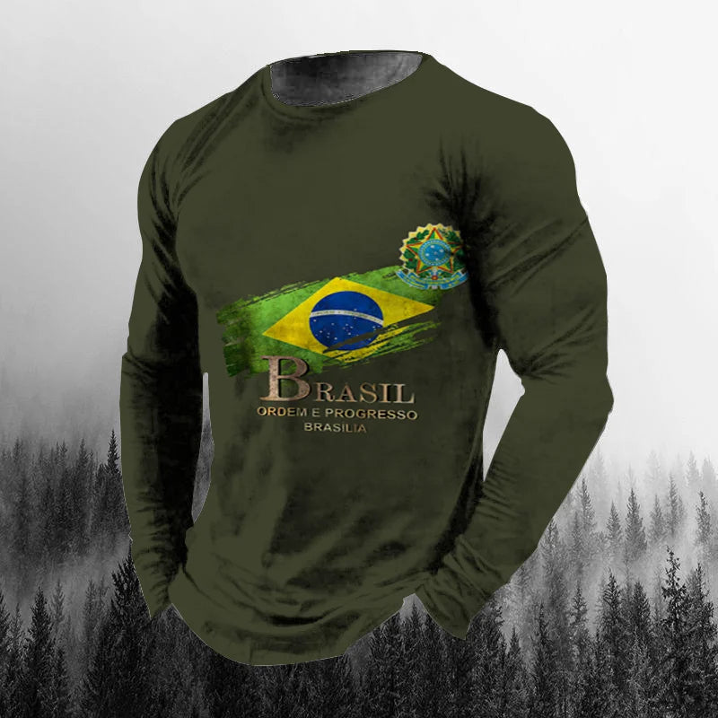 Vintage Brazilian Flag 3D Print Autumn Men's O-Neck T-shirt Casual Long Sleeve Oversized