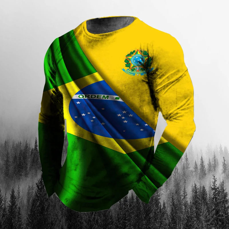 Vintage Brazilian Flag 3D Print Autumn Men's O-Neck T-shirt Casual Long Sleeve Oversized