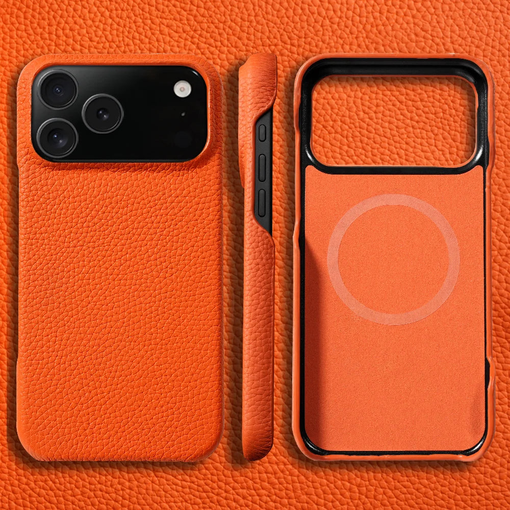 Phone Case for iPhone 17 Air 15 16 Pro Max 17Pro Lychee Natural Cowhide Leather Magnetic Magsafe Protector Luxury Phone Back Cover