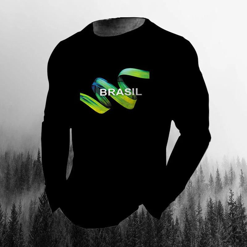 Vintage Brazilian Flag 3D Print Autumn Men's O-Neck T-shirt Casual Long Sleeve Oversized