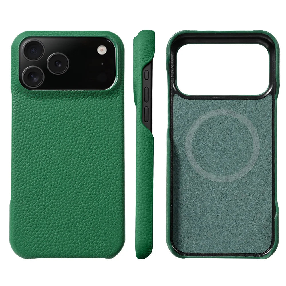 Phone Case for iPhone 17 Air 15 16 Pro Max 17Pro Lychee Natural Cowhide Leather Magnetic Magsafe Protector Luxury Phone Back Cover