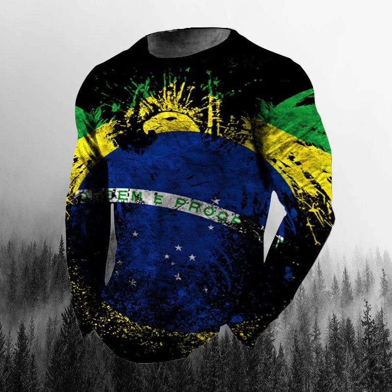 Vintage Brazilian Flag 3D Print Autumn Men's O-Neck T-shirt Casual Long Sleeve Oversized