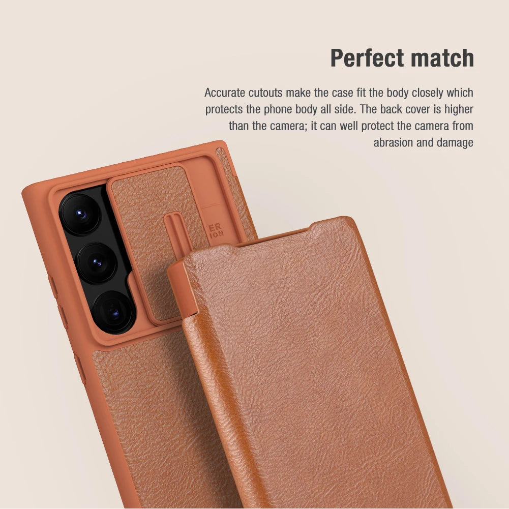 Nillkin for Samsung Galaxy S23 Ultra S23+ Qin Series Pro Flip Leather Case Business Lens Sliding Cover with Card Slot Back Cover