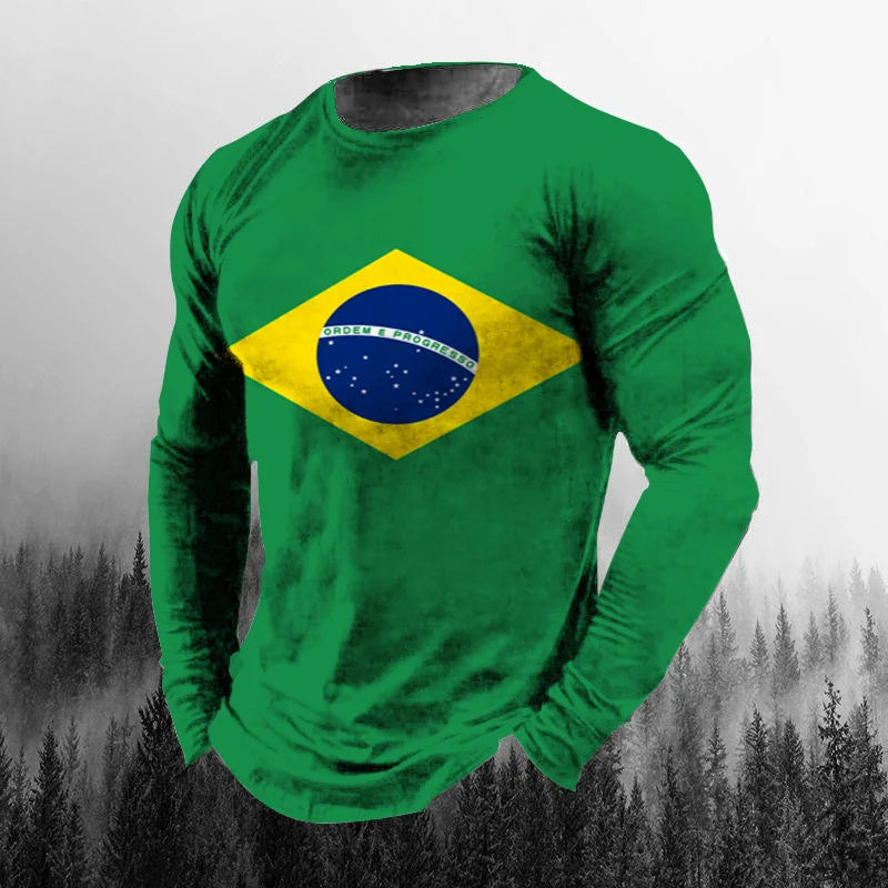 Vintage Brazilian Flag 3D Print Autumn Men's O-Neck T-shirt Casual Long Sleeve Oversized