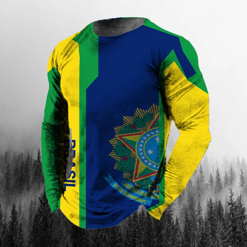 Vintage Brazilian Flag 3D Print Autumn Men's O-Neck T-shirt Casual Long Sleeve Oversized