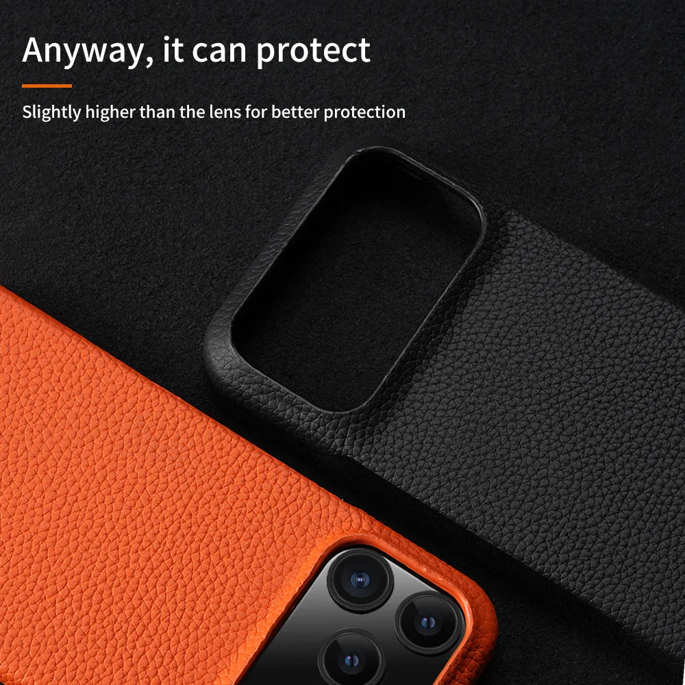 Phone Case for iPhone 17 Air 15 16 Pro Max 17Pro Lychee Natural Cowhide Leather Magnetic Magsafe Protector Luxury Phone Back Cover