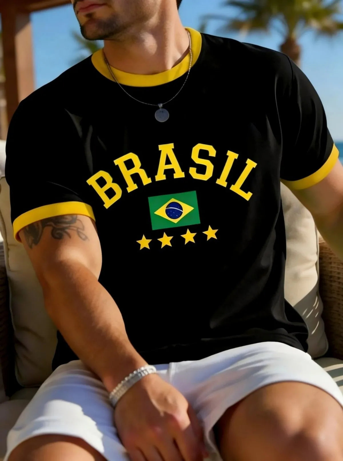 European and American men's summer Brazilian striped letter print soft and breathable round neck T-shirt outdoor casual top