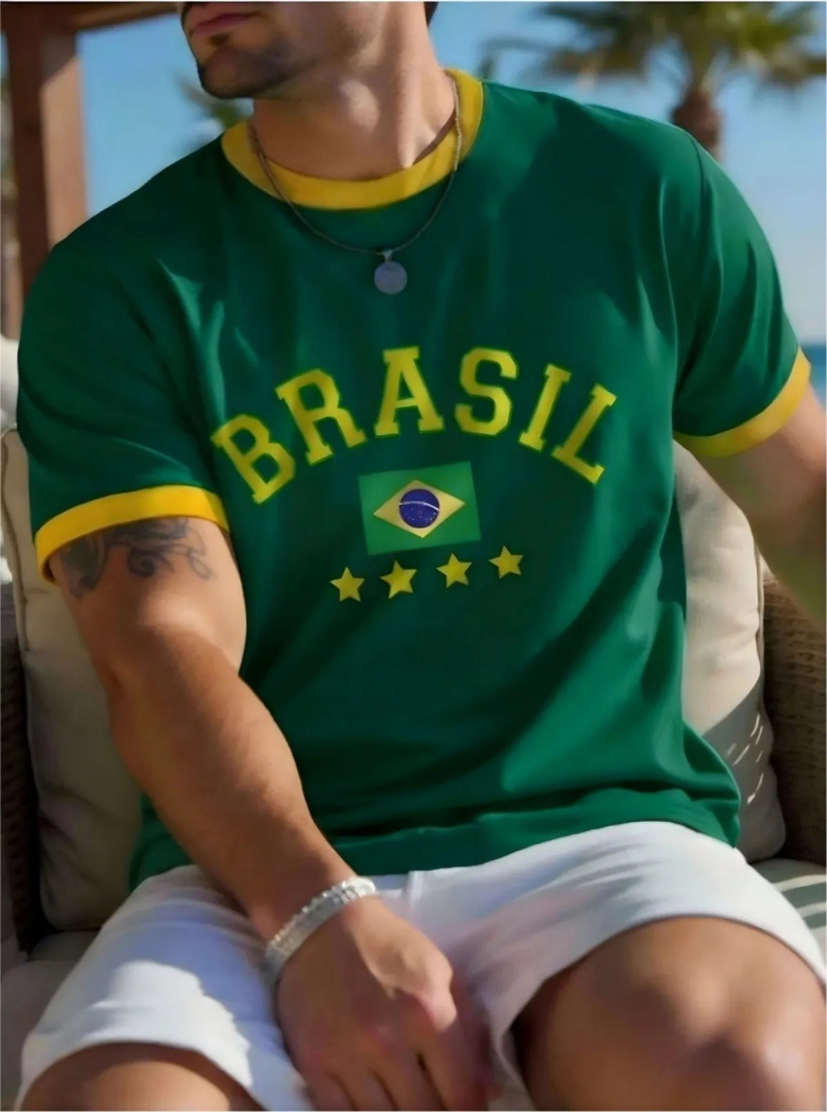 European and American men's summer Brazilian striped letter print soft and breathable round neck T-shirt outdoor casual top