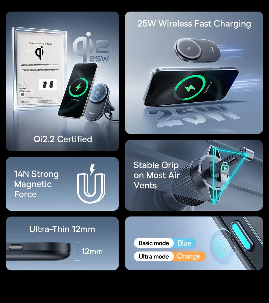 Baseus Qi2.2 Cooling Magnetic Car Phone Holder 25W Wireless Charger Fast - iPhone Samsung Dashboard Center Console