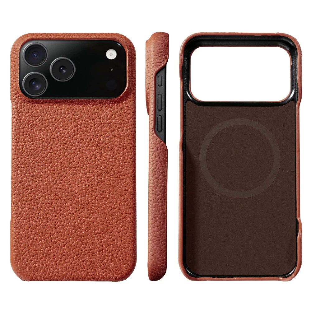 Phone Case for iPhone 17 Air 15 16 Pro Max 17Pro Lychee Natural Cowhide Leather Magnetic Magsafe Protector Luxury Phone Back Cover