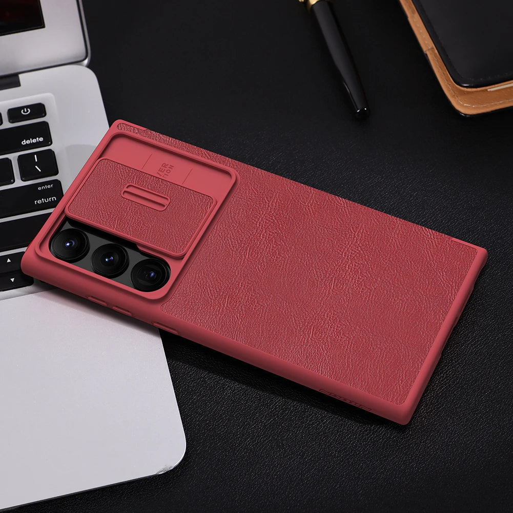 Nillkin for Samsung Galaxy S23 Ultra S23+ Qin Series Pro Flip Leather Case Business Lens Sliding Cover with Card Slot Back Cover
