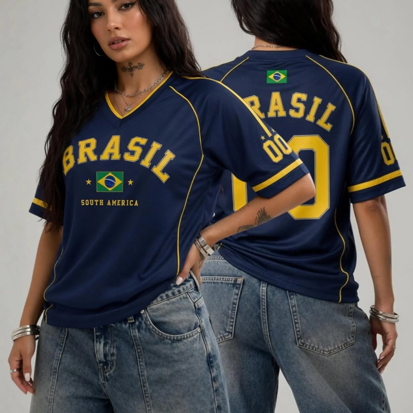 Women's Brazil Print V-Neck Short Sleeve