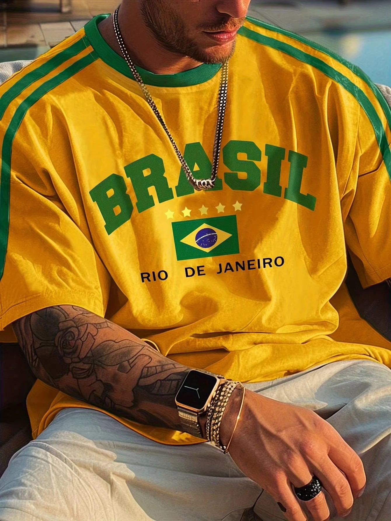Brasil Flag Printed Men'S T-Shirt Round Neck Short Sleeved Retro Casual Short Sleeved Oversized Loose Knit Style Tops