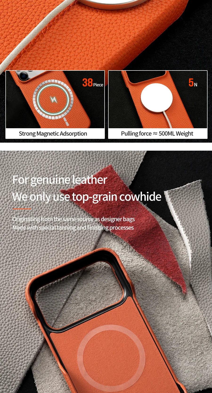 Phone Case for iPhone 17 Air 15 16 Pro Max 17Pro Lychee Natural Cowhide Leather Magnetic Magsafe Protector Luxury Phone Back Cover