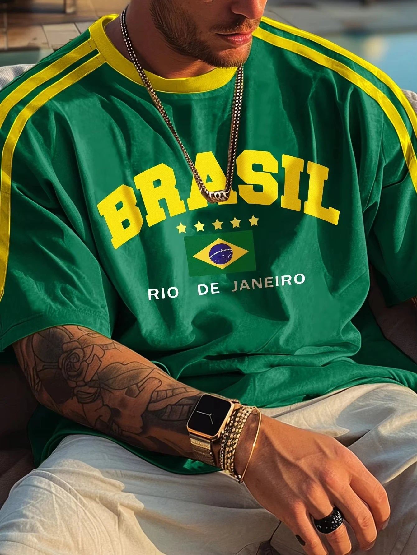 Brasil Flag Printed Men'S T-Shirt Round Neck Short Sleeved Retro Casual Short Sleeved Oversized Loose Knit Style Tops