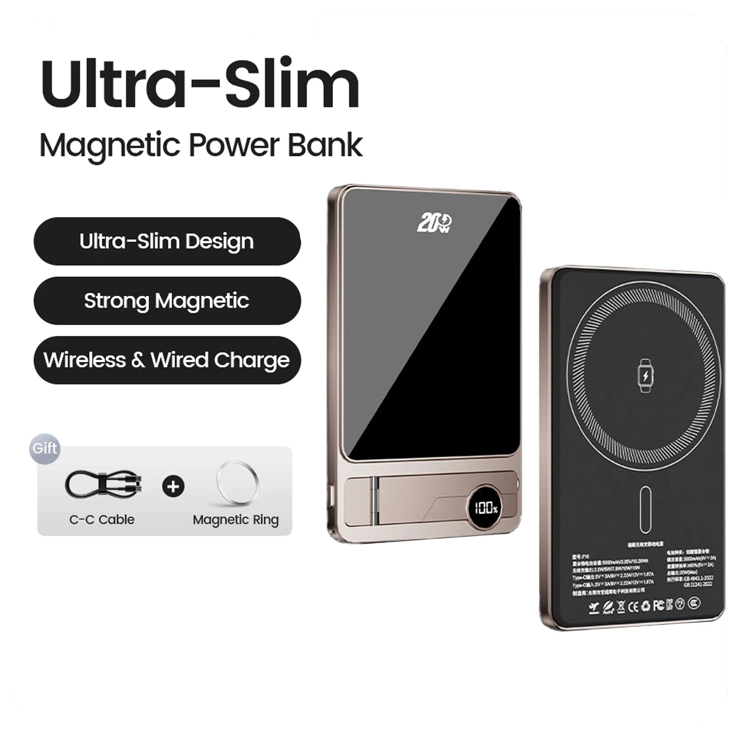 10000mAh Ultra Slim Power Bank for MagSafe,Magnetic Wireless 20W Fast Charging Portable Battery