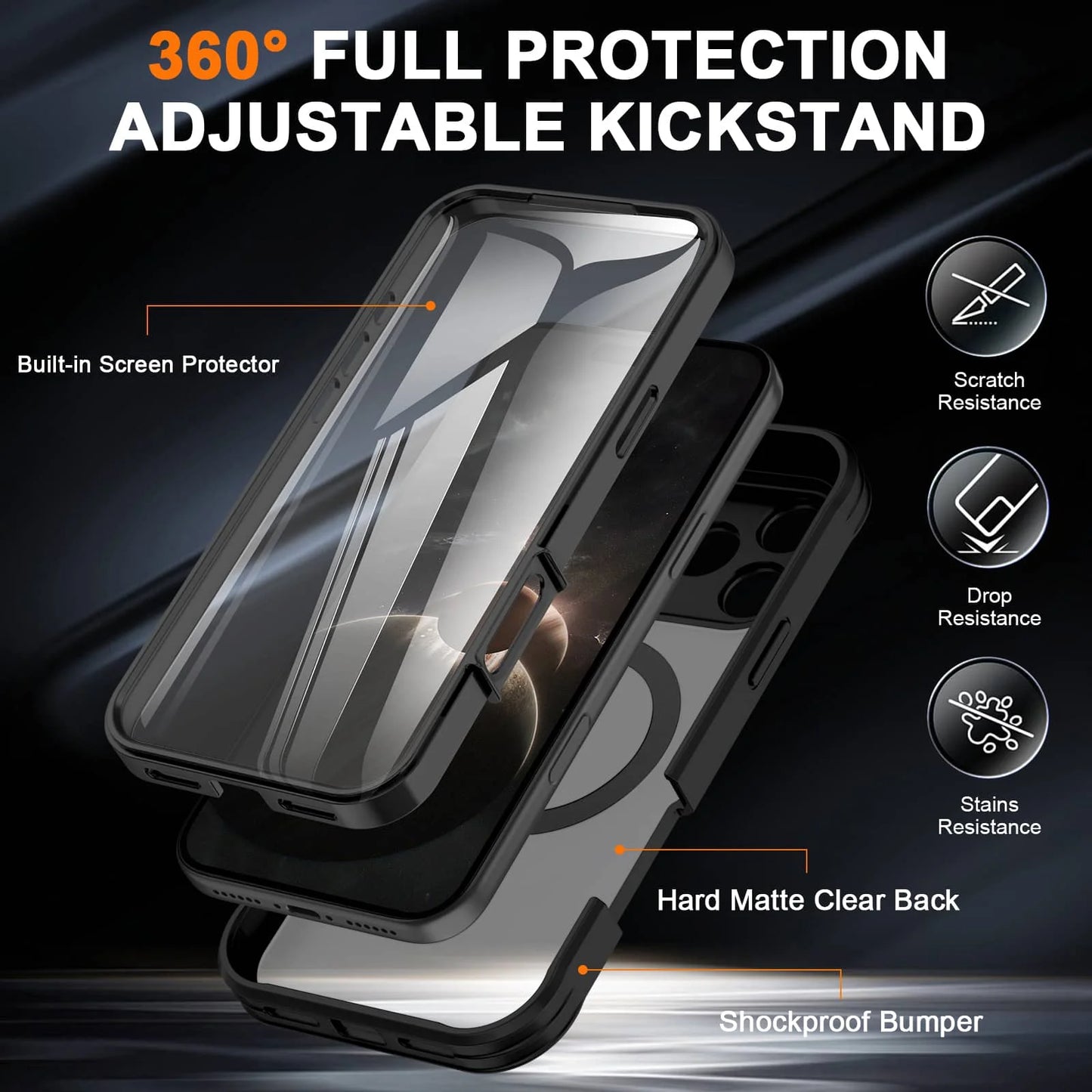 Phone case for iPhone 17 Pro Max Air Full Body Shockproof Case with Invisible Stand [Compatible with Magnetic] Built-in Screen Protector