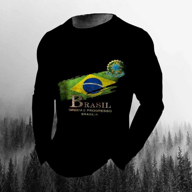 Vintage Brazilian Flag 3D Print Autumn Men's O-Neck T-shirt Casual Long Sleeve Oversized