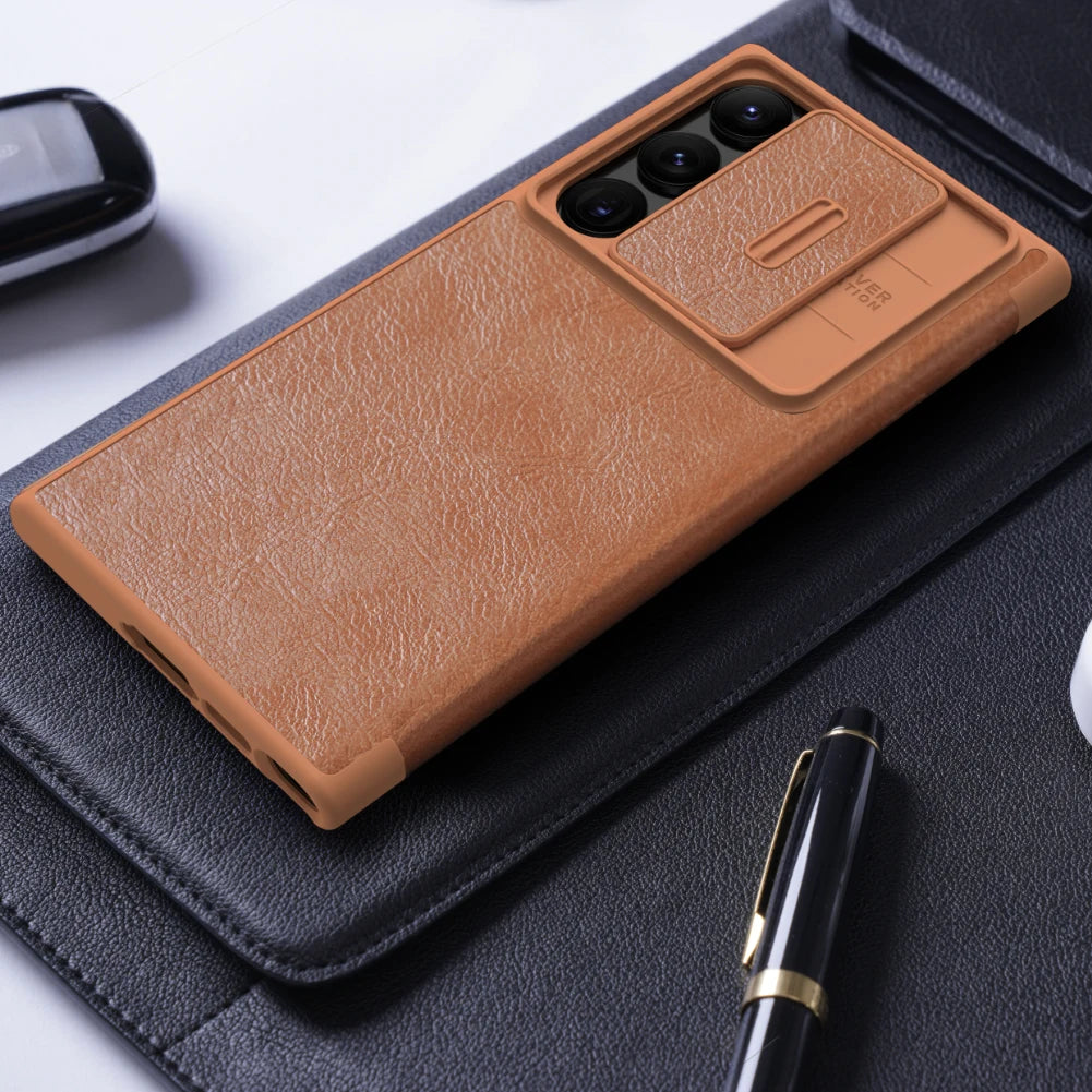 Nillkin for Samsung Galaxy S23 Ultra S23+ Qin Series Pro Flip Leather Case Business Lens Sliding Cover with Card Slot Back Cover