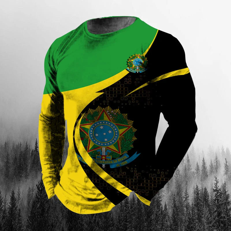 Vintage Brazilian Flag 3D Print Autumn Men's O-Neck T-shirt Casual Long Sleeve Oversized