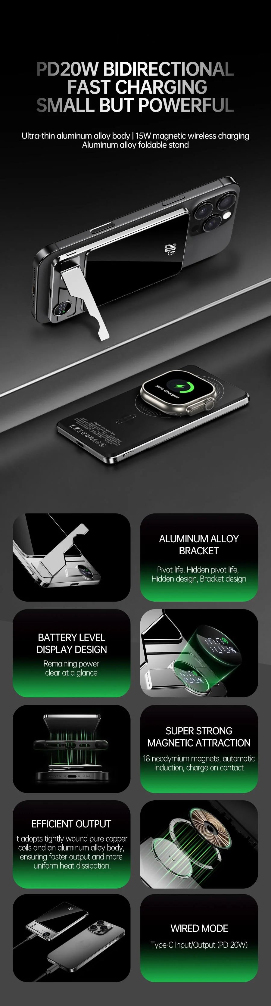 10000mAh Ultra Slim Power Bank for MagSafe,Magnetic Wireless 20W Fast Charging Portable Battery