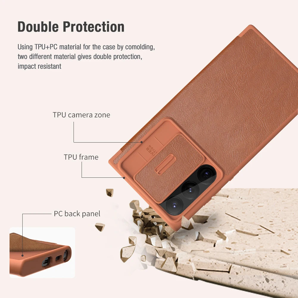 Nillkin for Samsung Galaxy S23 Ultra S23+ Qin Series Pro Flip Leather Case Business Lens Sliding Cover with Card Slot Back Cover