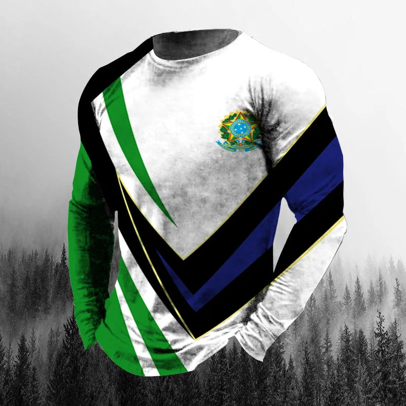 Vintage Brazilian Flag 3D Print Autumn Men's O-Neck T-shirt Casual Long Sleeve Oversized