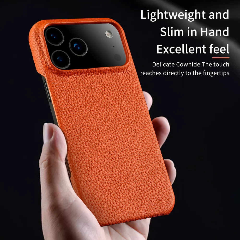 Phone Case for iPhone 17 Air 15 16 Pro Max 17Pro Lychee Natural Cowhide Leather Magnetic Magsafe Protector Luxury Phone Back Cover