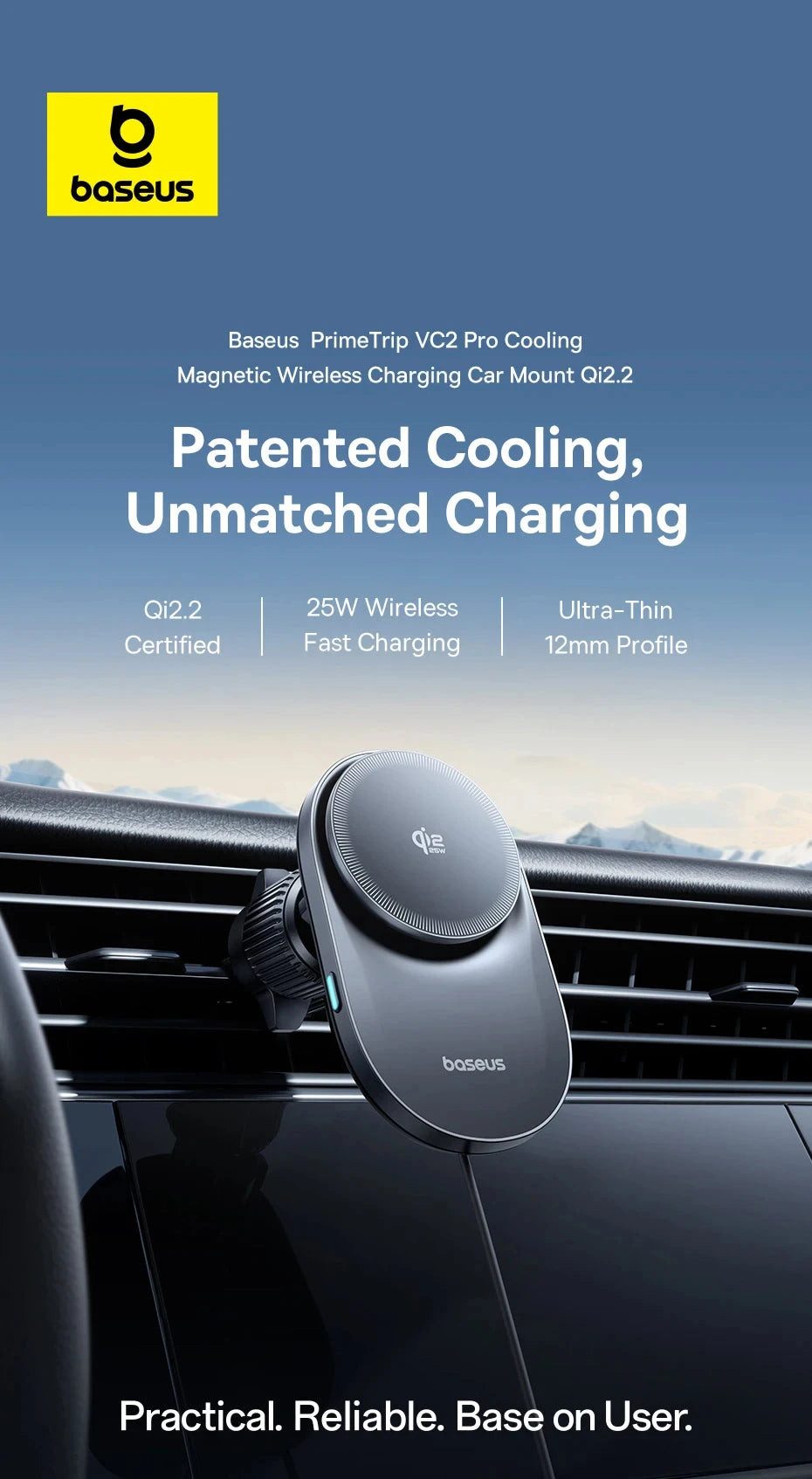 Baseus Qi2.2 Cooling Magnetic Car Phone Holder 25W Wireless Charger Fast - iPhone Samsung Dashboard Center Console