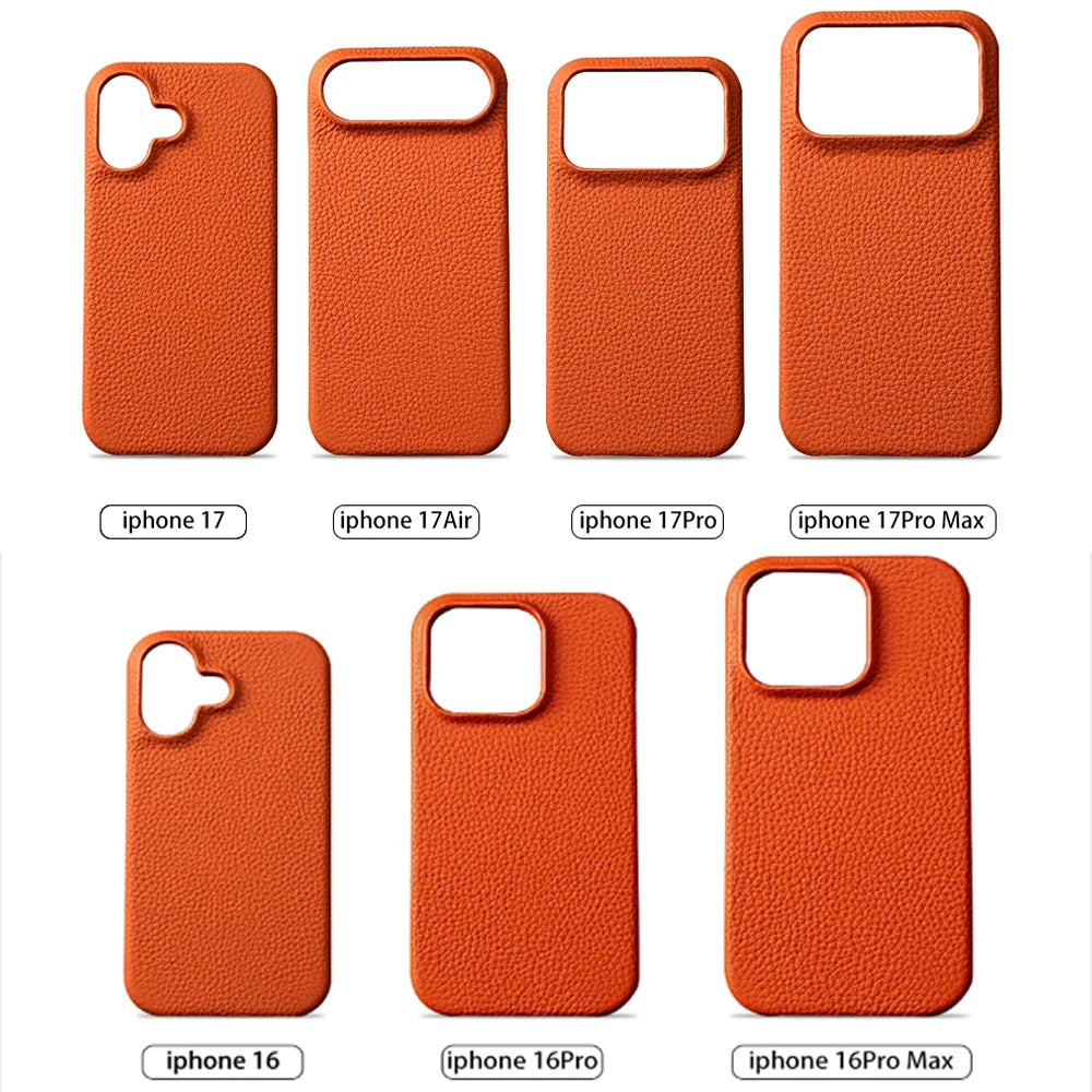 Phone Case for iPhone 17 Air 15 16 Pro Max 17Pro Lychee Natural Cowhide Leather Magnetic Magsafe Protector Luxury Phone Back Cover