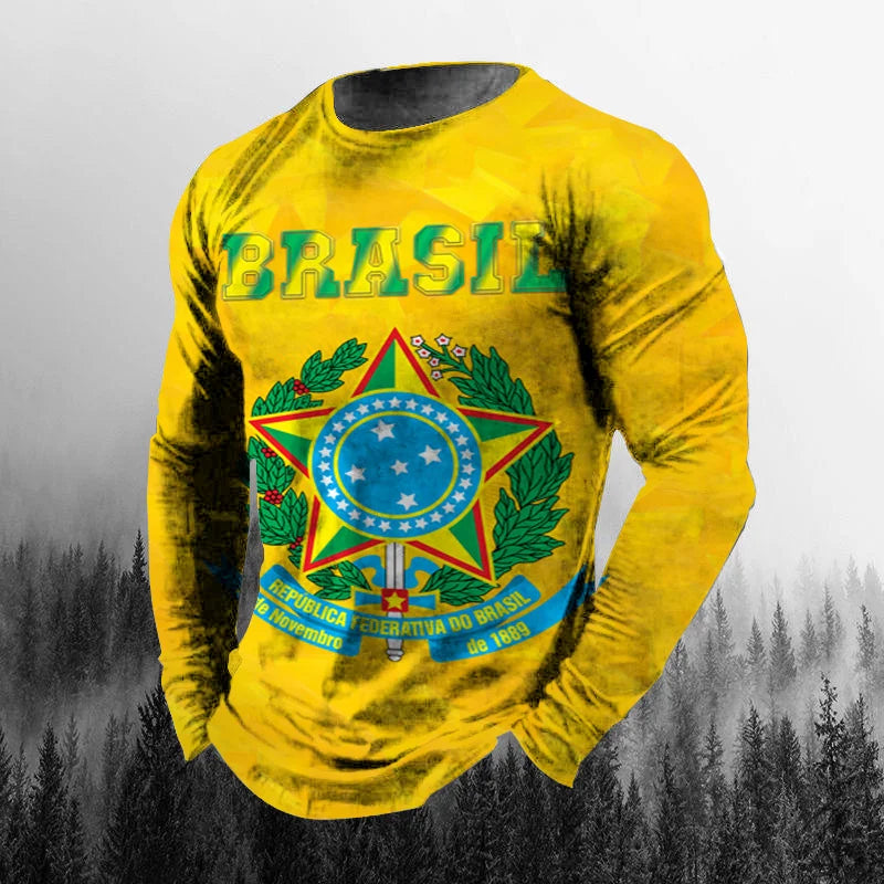 Vintage Brazilian Flag 3D Print Autumn Men's O-Neck T-shirt Casual Long Sleeve Oversized