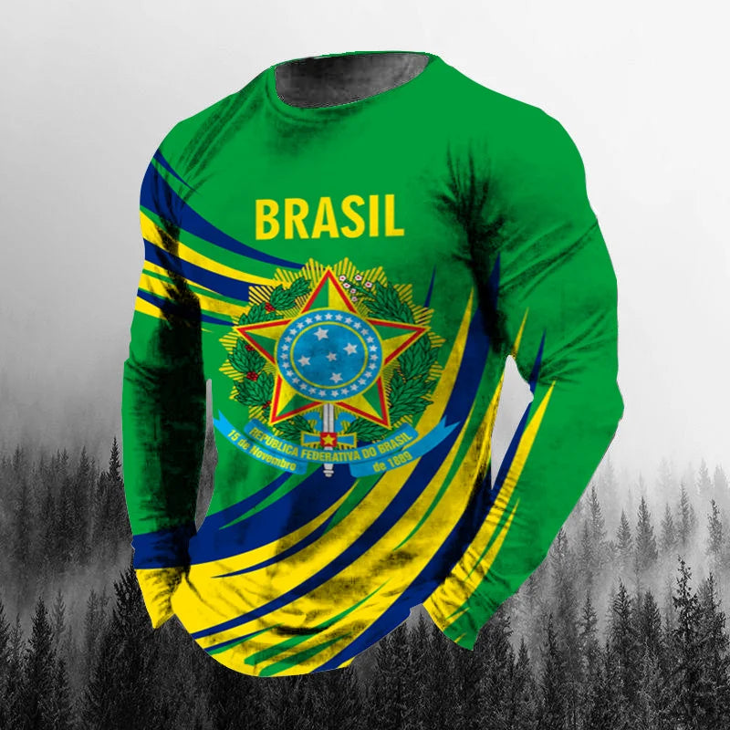 Vintage Brazilian Flag 3D Print Autumn Men's O-Neck T-shirt Casual Long Sleeve Oversized