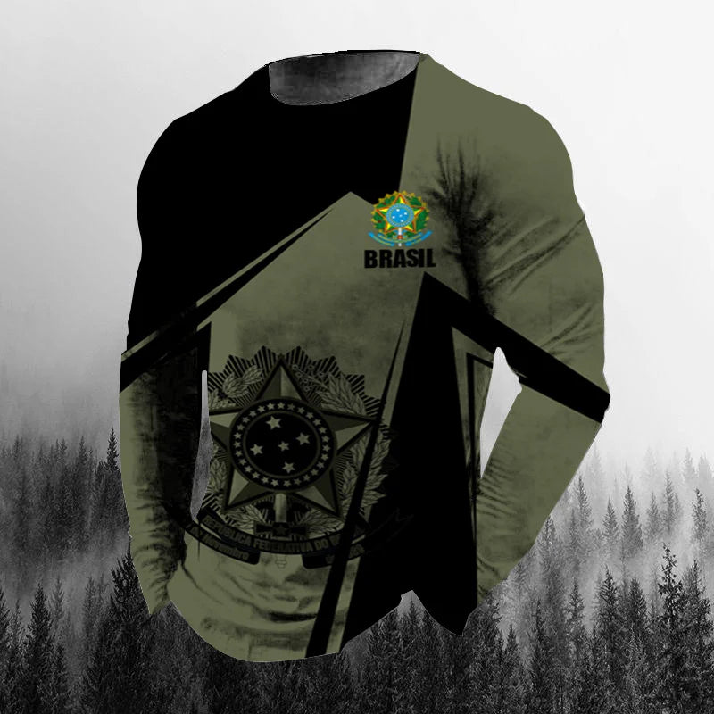 Vintage Brazilian Flag 3D Print Autumn Men's O-Neck T-shirt Casual Long Sleeve Oversized