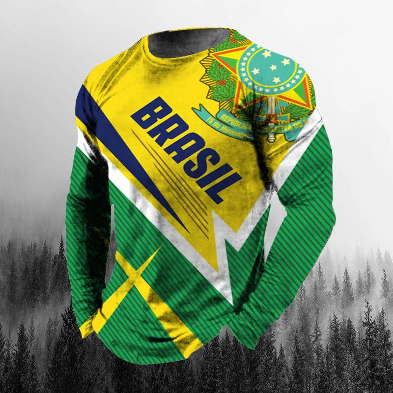 Vintage Brazilian Flag 3D Print Autumn Men's O-Neck T-shirt Casual Long Sleeve Oversized