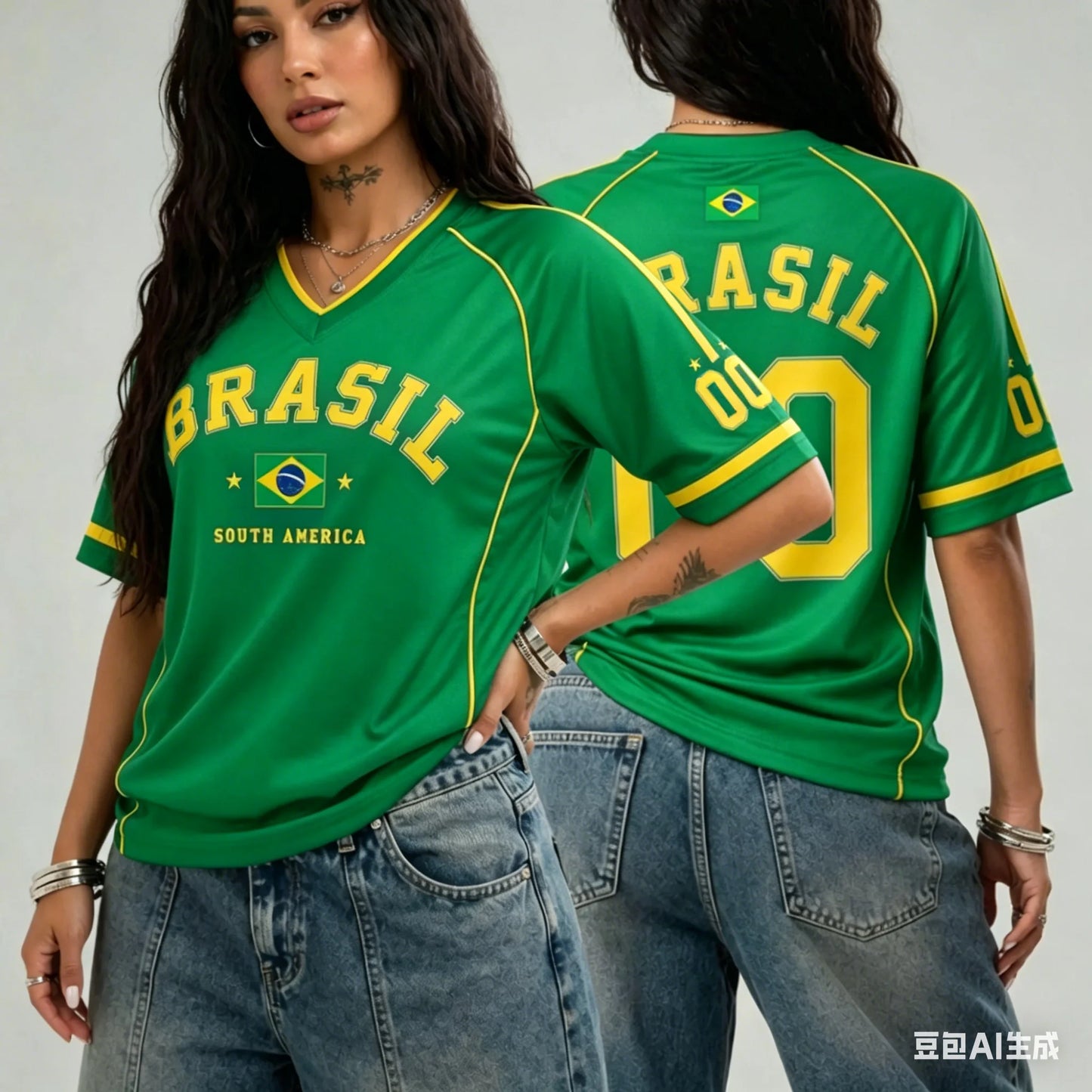 Women's Brazil Print V-Neck Short Sleeve