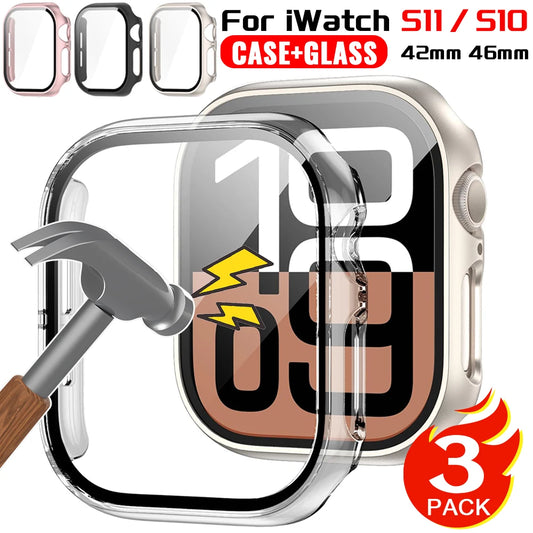1/2/3PCS Glass+Cover For Apple Watch 10/11 42mm 46mm Screen Protector Hard PC Bumper Case for iWatch 11 10 Smartwatch Accessorie