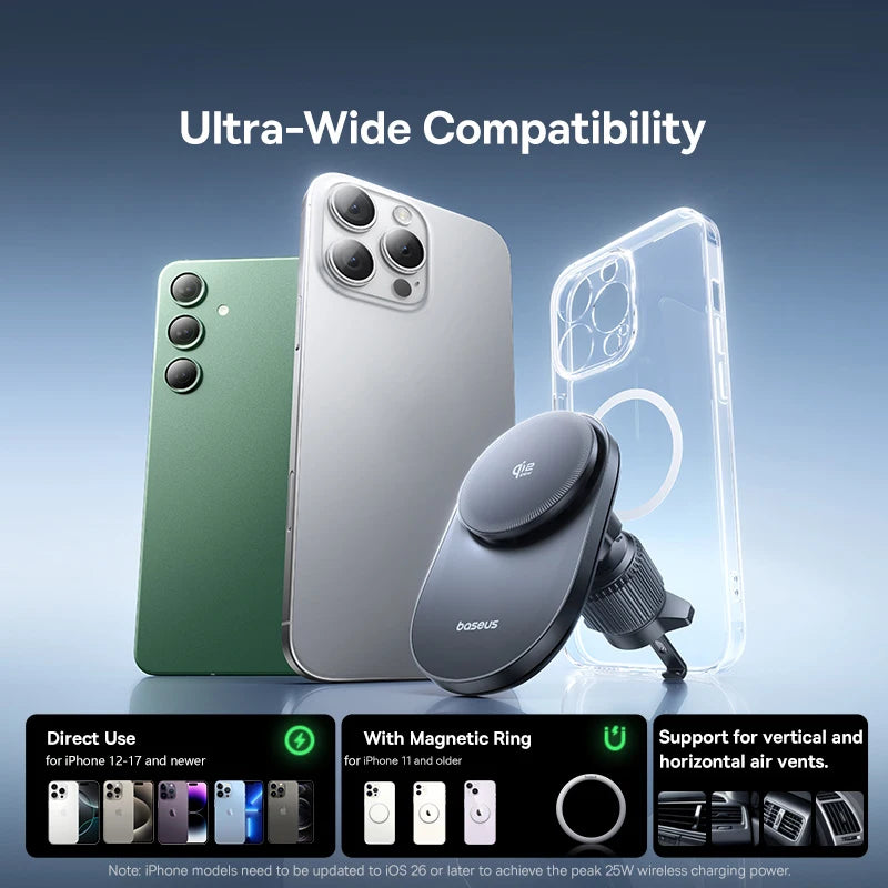 Baseus Qi2.2 Cooling Magnetic Car Phone Holder 25W Wireless Charger Fast - iPhone Samsung Dashboard Center Console