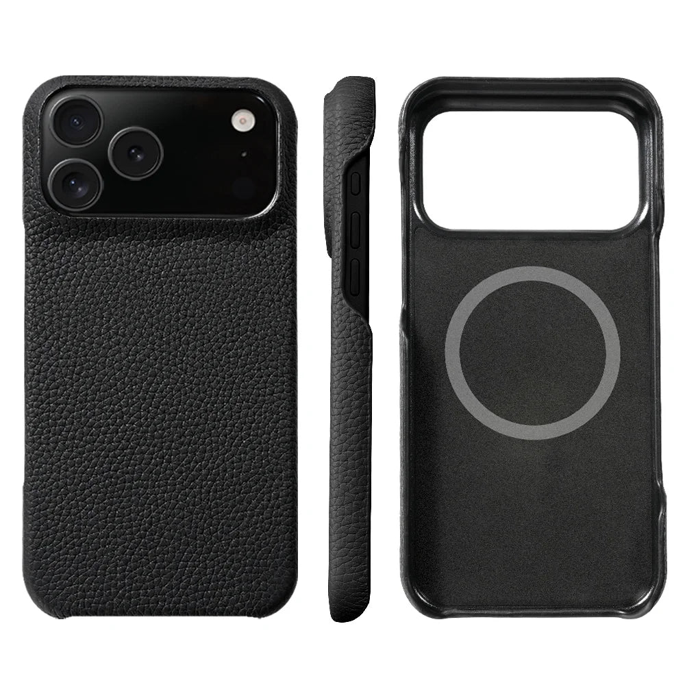 Phone Case for iPhone 17 Air 15 16 Pro Max 17Pro Lychee Natural Cowhide Leather Magnetic Magsafe Protector Luxury Phone Back Cover