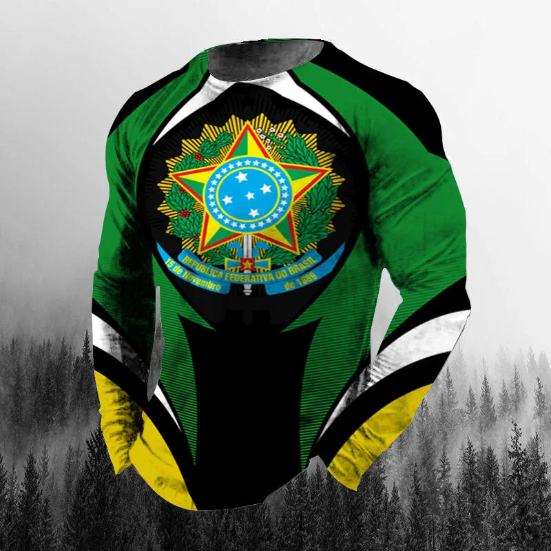 Vintage Brazilian Flag 3D Print Autumn Men's O-Neck T-shirt Casual Long Sleeve Oversized