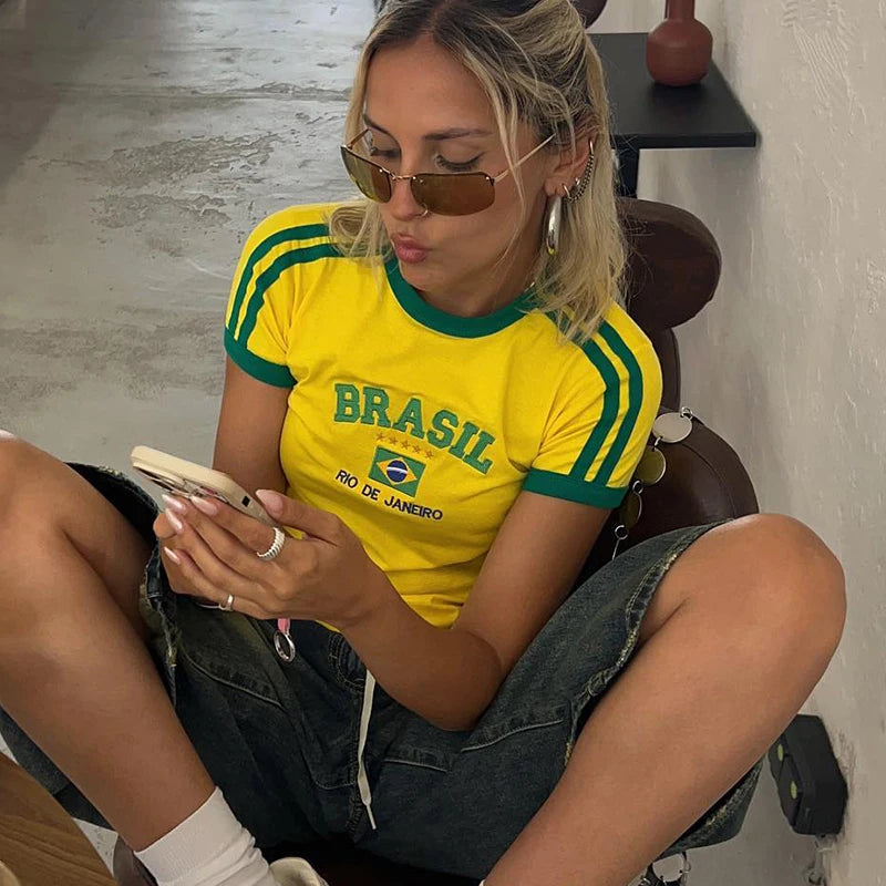 Summer T-shirt For Women Brazil Letter Aesthetic 90's Crop Tops Casual Short Sleeve Tee Kpop Streetwear Vintage Y2k Clothes