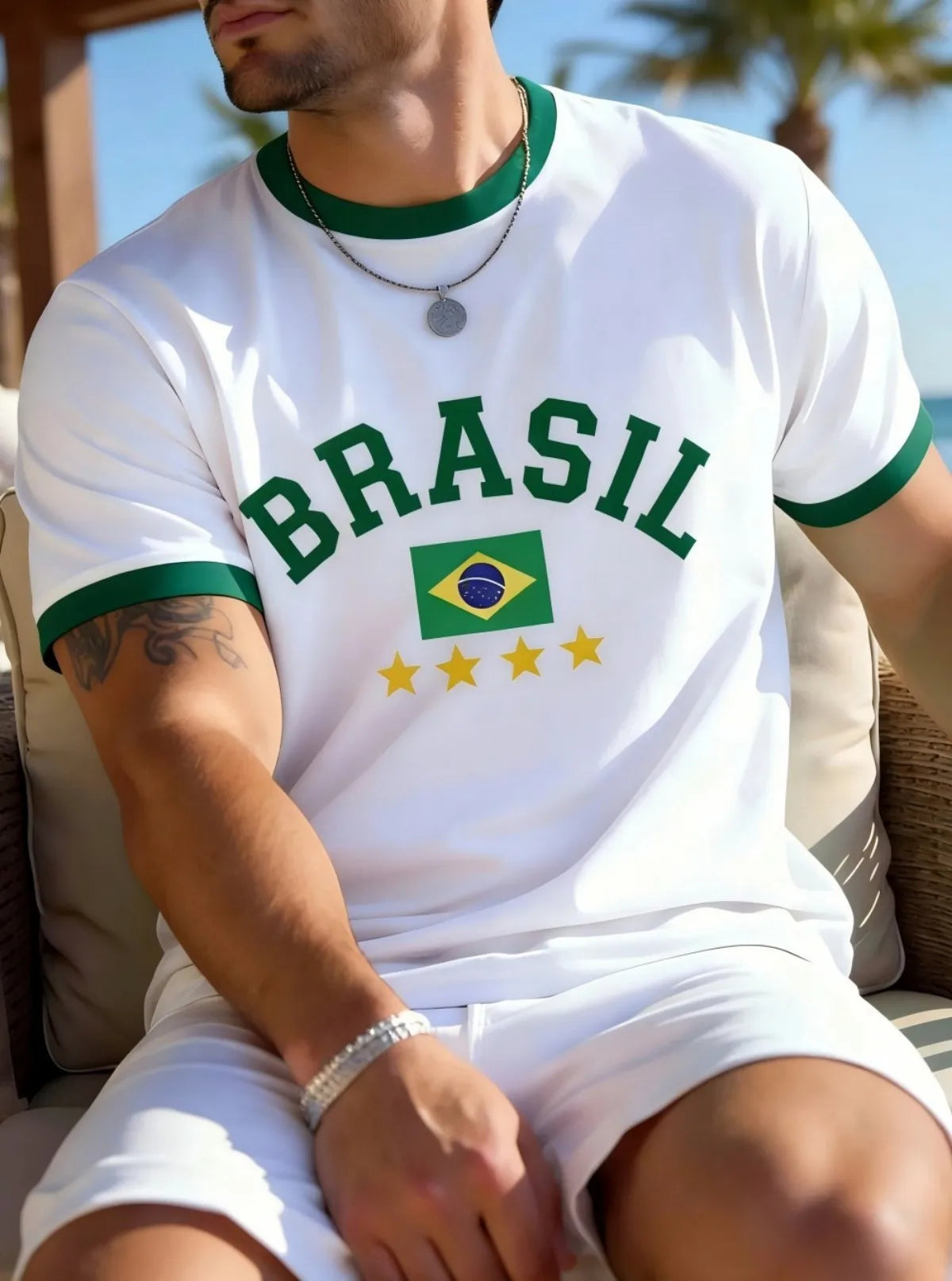 European and American men's summer Brazilian striped letter print soft and breathable round neck T-shirt outdoor casual top