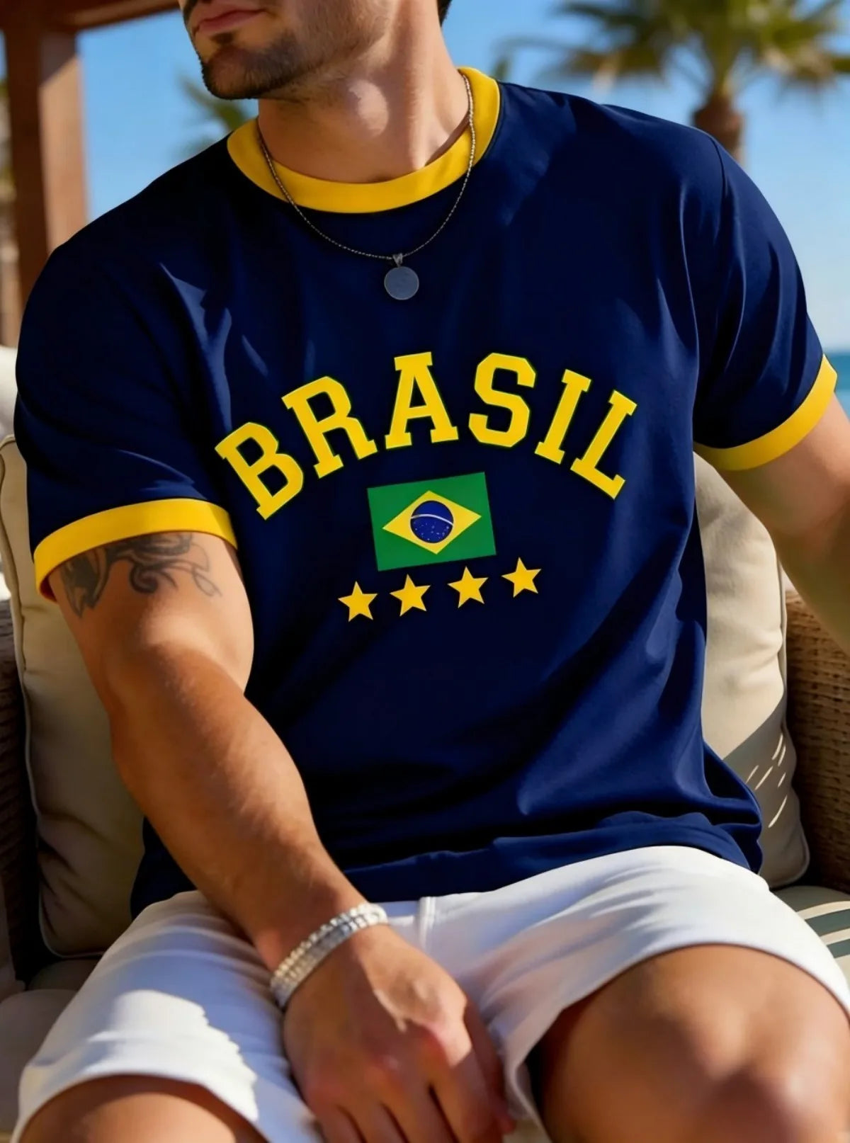 European and American men's summer Brazilian striped letter print soft and breathable round neck T-shirt outdoor casual top