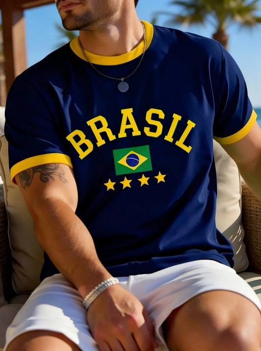 European and American men's summer Brazilian striped letter print soft and breathable round neck T-shirt outdoor casual top
