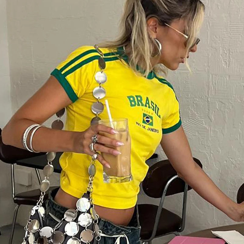 Summer T-shirt For Women Brazil Letter Aesthetic 90's Crop Tops Casual Short Sleeve Tee Kpop Streetwear Vintage Y2k Clothes