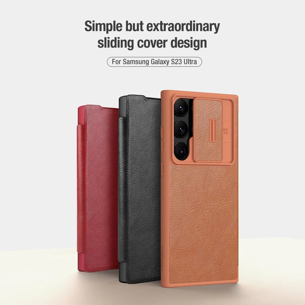 Nillkin for Samsung Galaxy S23 Ultra S23+ Qin Series Pro Flip Leather Case Business Lens Sliding Cover with Card Slot Back Cover