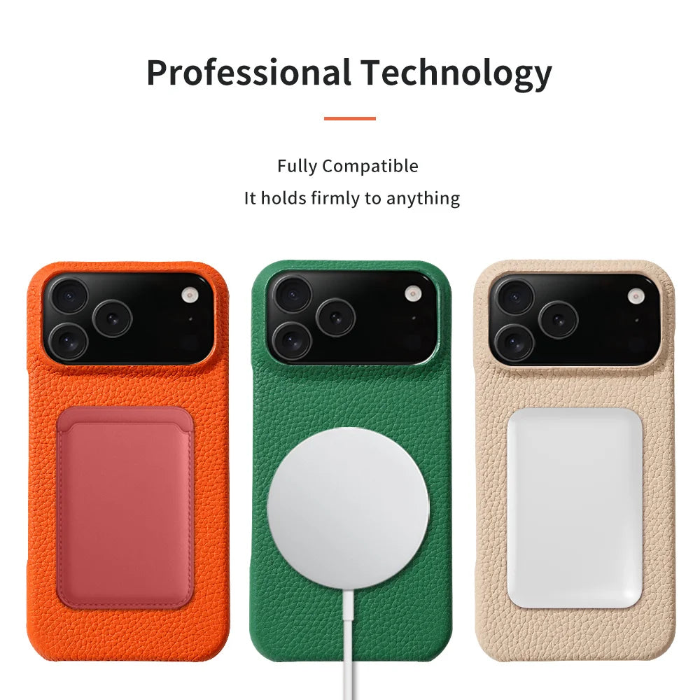 Phone Case for iPhone 17 Air 15 16 Pro Max 17Pro Lychee Natural Cowhide Leather Magnetic Magsafe Protector Luxury Phone Back Cover